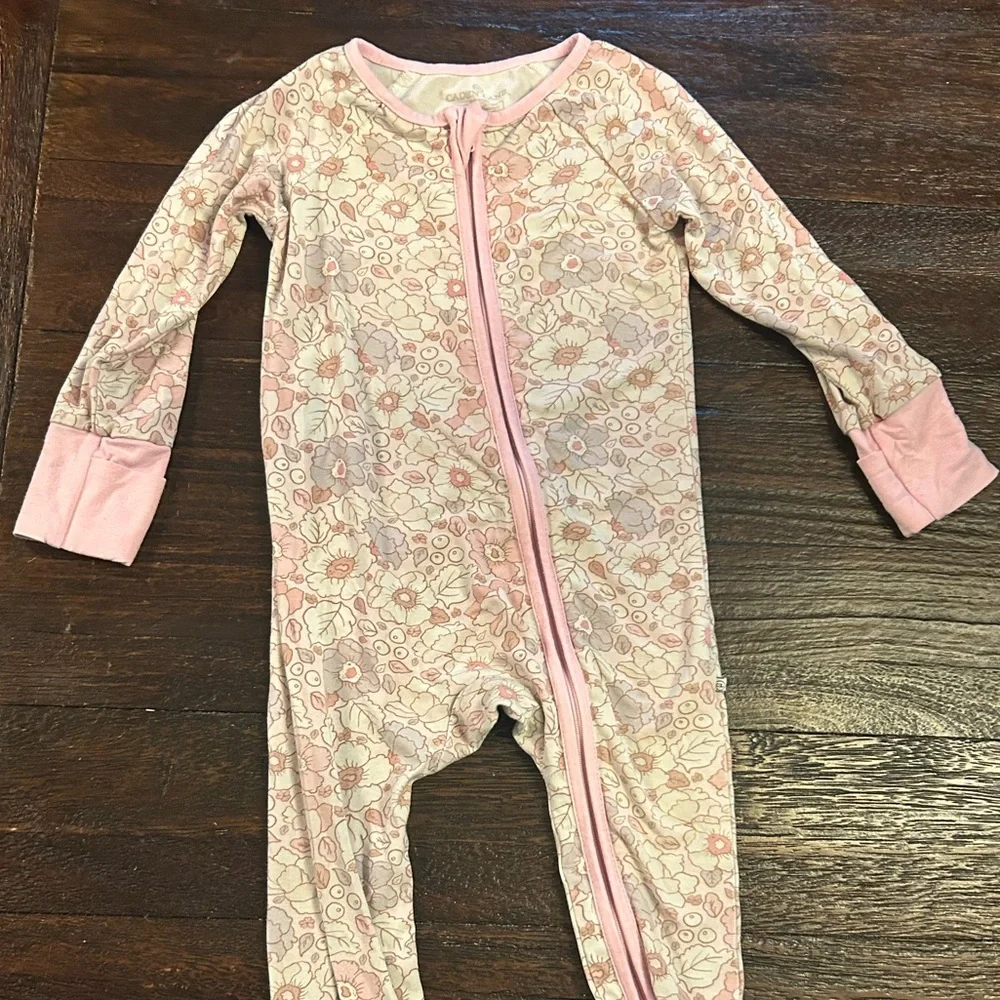 Caden Lane Pink Floral Bamboo Double Zipper Sleeper- Foot and Hand Covers